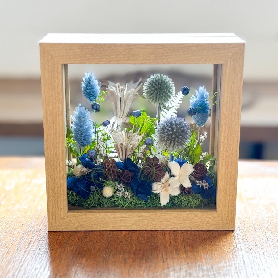 [ガラスフレームアレンジ]ブルーガーデン/プリザーブド×ドライフラワー